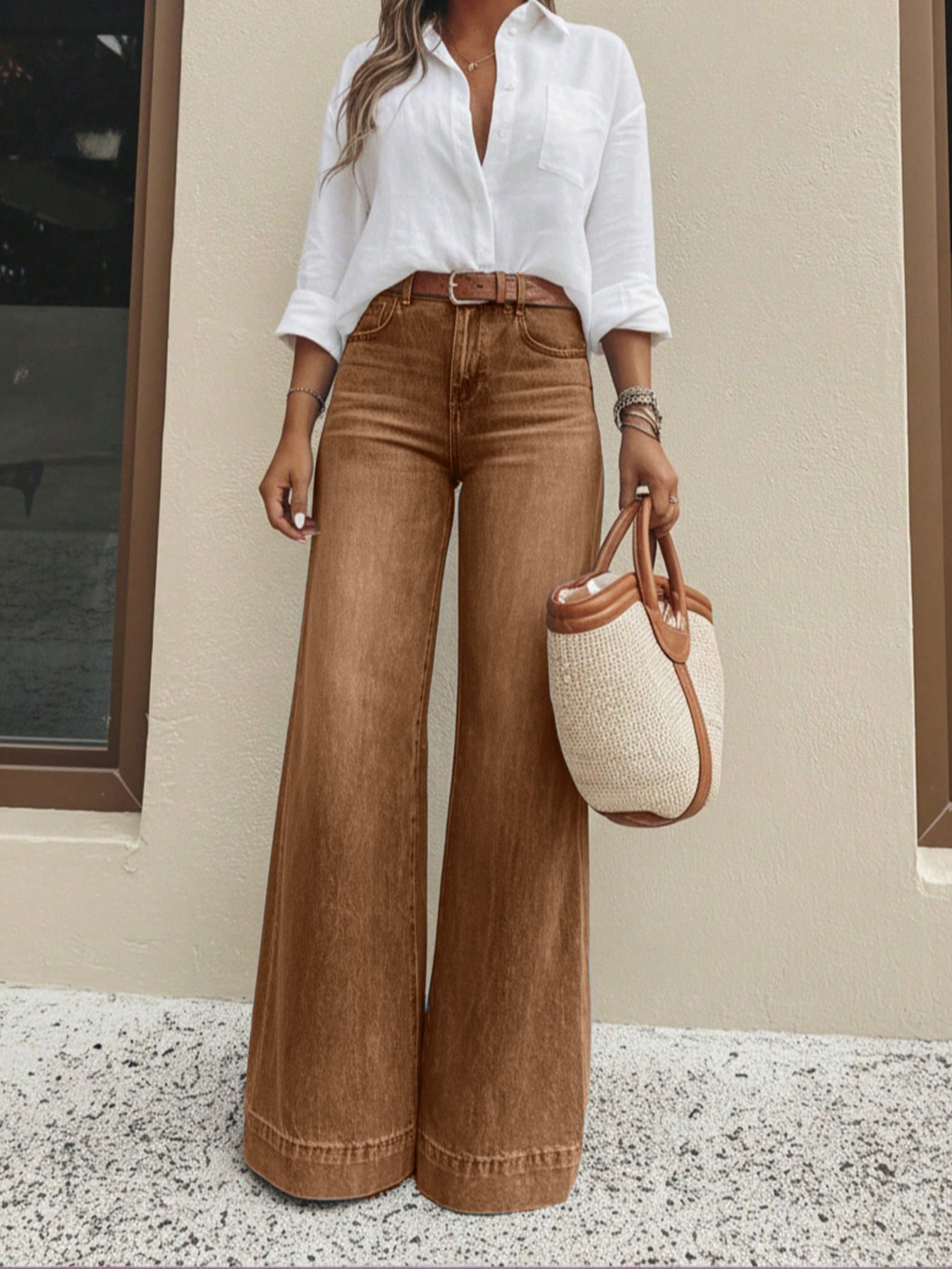 High-Waist Wide-Leg Jeans with Button Detail