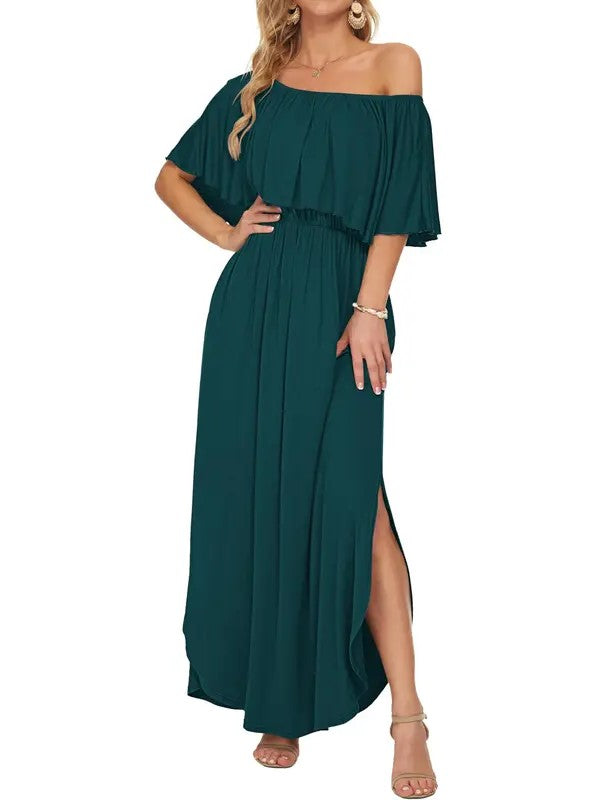 ⏰2026 Summer Hot Sale 50% OFF💃Women's Off-Shoulder Ruffled Side-Slit Maxi Dress with Pockets