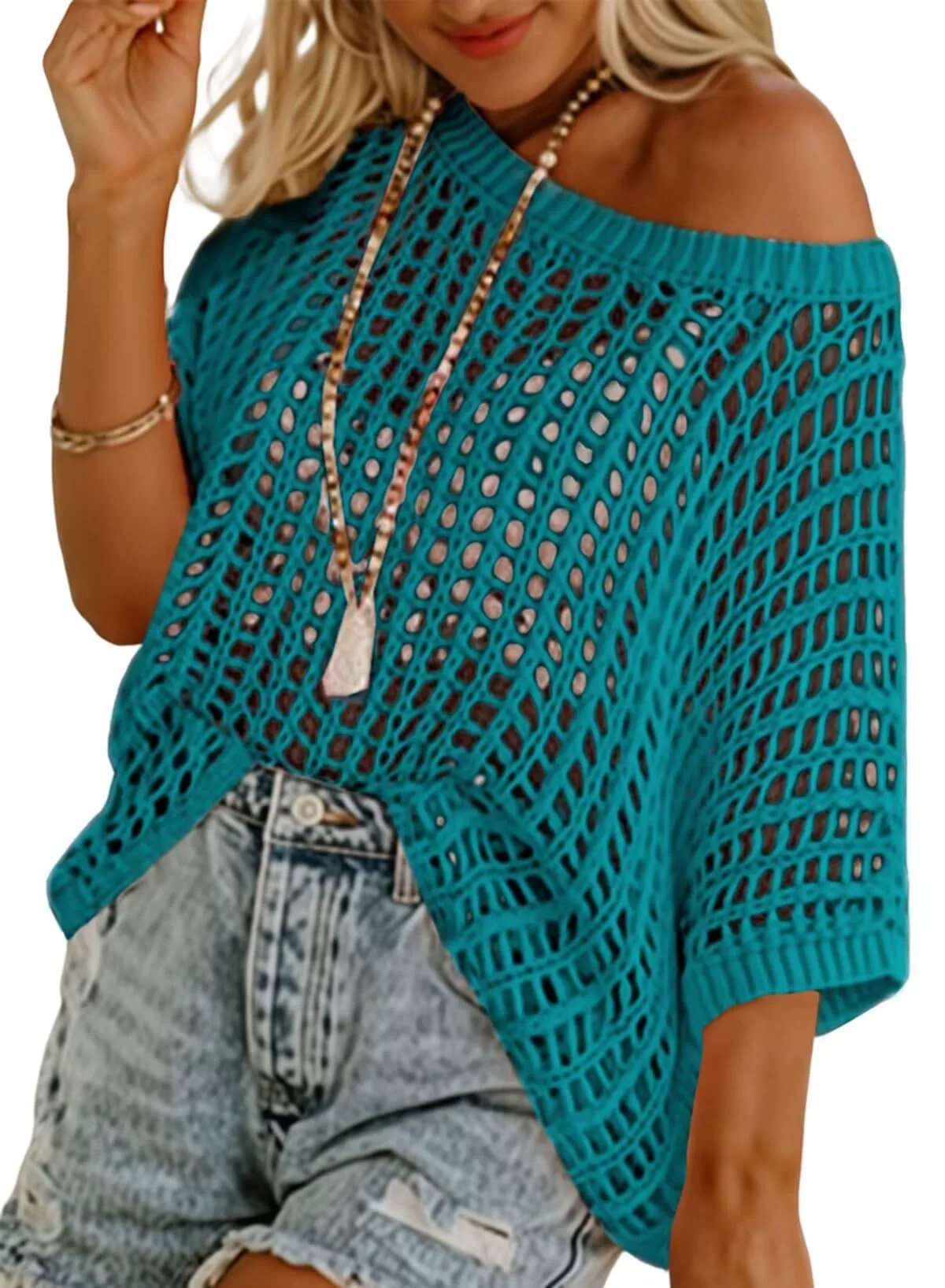 🏖️Women's Summer Scoop Neck ShortSleeve Sweater Casual Crochet Hollow Out KnitTops