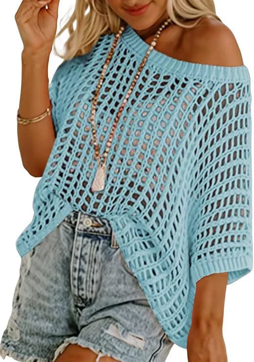 🏖️Women's Summer Scoop Neck ShortSleeve Sweater Casual Crochet Hollow Out KnitTops