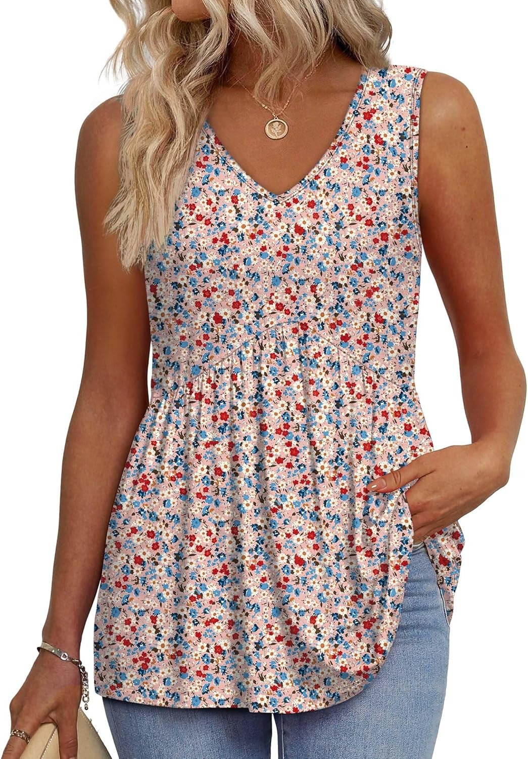 💜LAST DAY PROMOTION - 49%OFF💜Women's Print Flowy Sleeveless V Neck Peplum Tank Tops