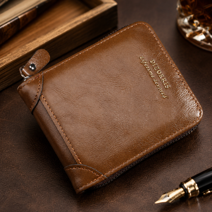 Vintage short wallet for men with full zip closure and triptych design