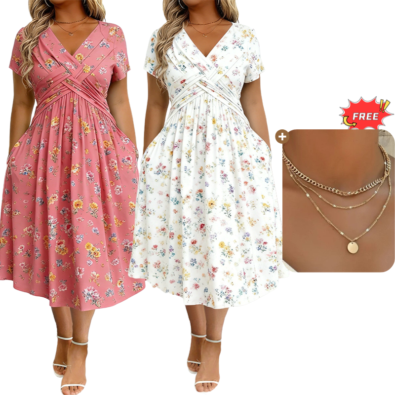 ⏳LAST DAY SALE ONLY￡17.99!!🌿Women's V-Neck Floral Print Dress with Twist Waist