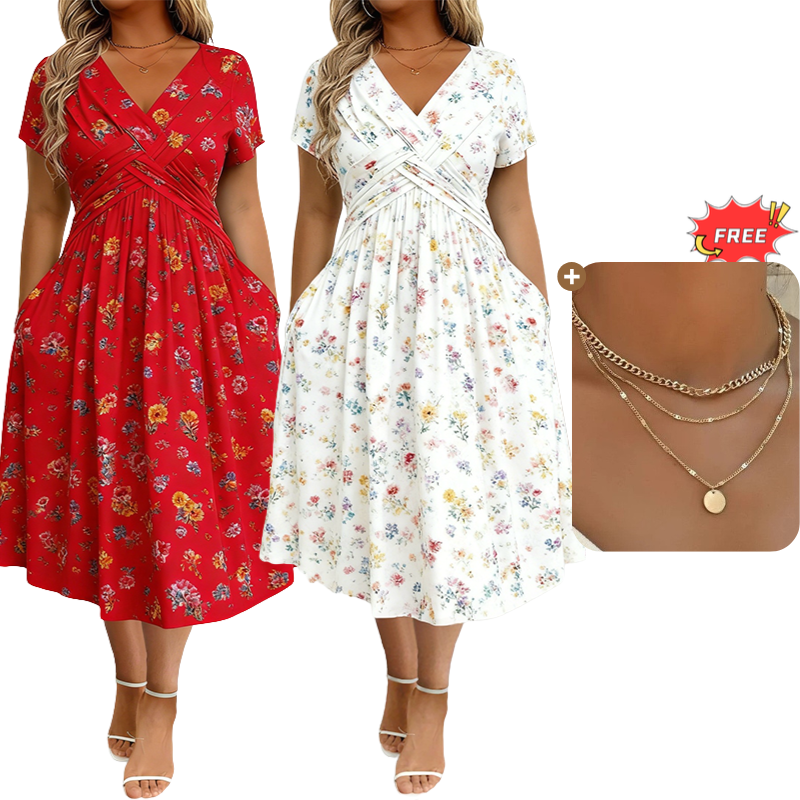 ⏳LAST DAY SALE ONLY￡17.99!!🌿Women's V-Neck Floral Print Dress with Twist Waist