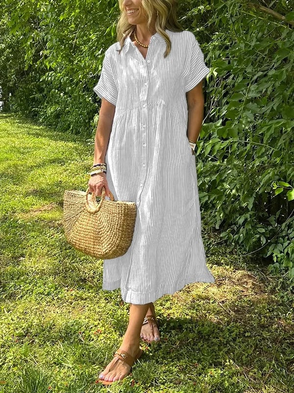 🌸Spring Sale-49% Off💃Striped Lapel Button Down Shirt Dress | With Functional Pockets