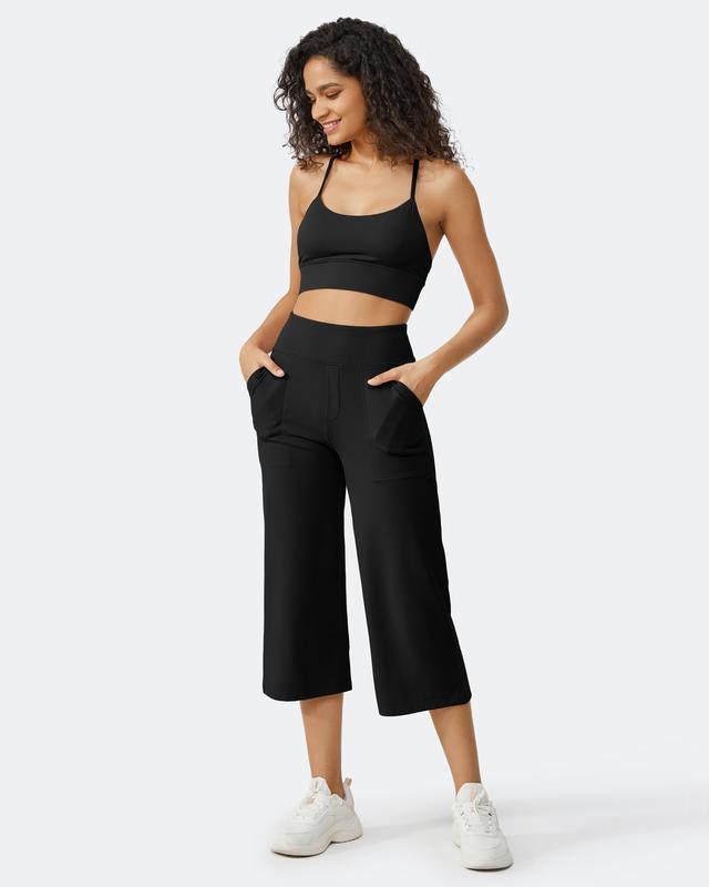 Women's High-Waisted Wide Leg Cropped Capri Pants Pocket Yoga Leggings