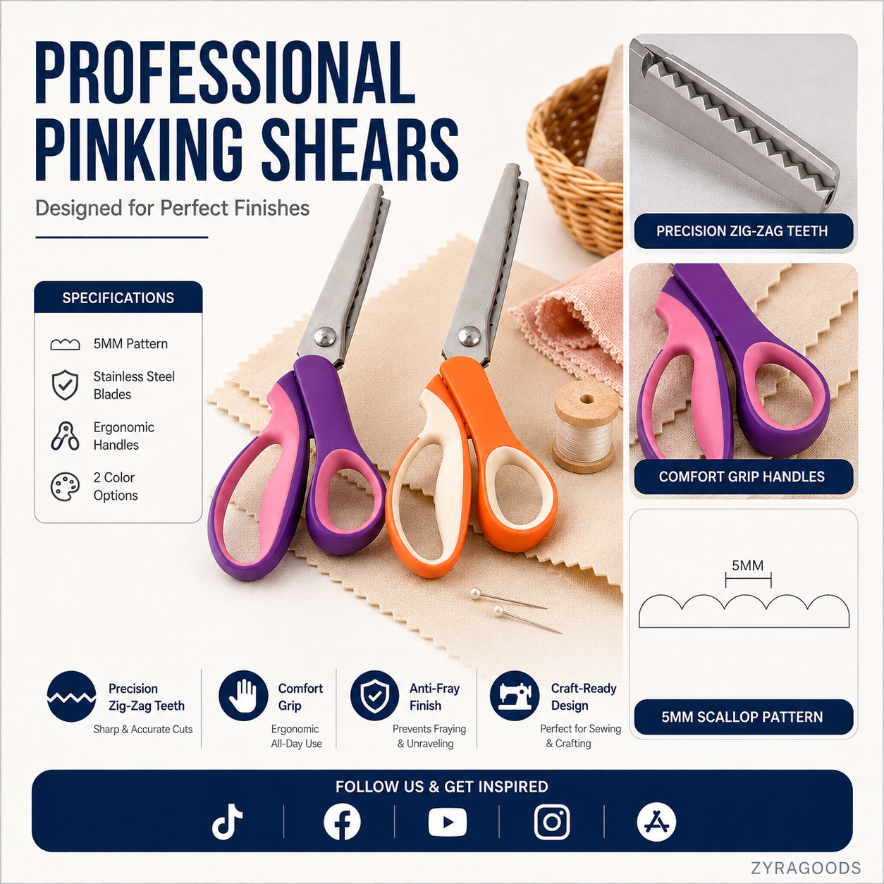 🥳2026 TOP PICK🥳 Pinking Shears Scissors – Stainless Steel, Ergonomic Cushioned Handles – Perfect for Sewing, Quilting & Scrapbooking! 🧵💨