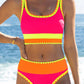 🌼Color Block Patchwork Nylon Sporty 3-Piece Bikini Set - High Waisted & Tummy Control Swimsuit👙🌈
