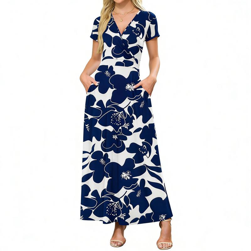 👗2026 Summer Hot Sale 49% OFF🌈 Women's V neck Ankle Length Floral Print Beach Long Flowy  Maxi Dress with Pockets🎀