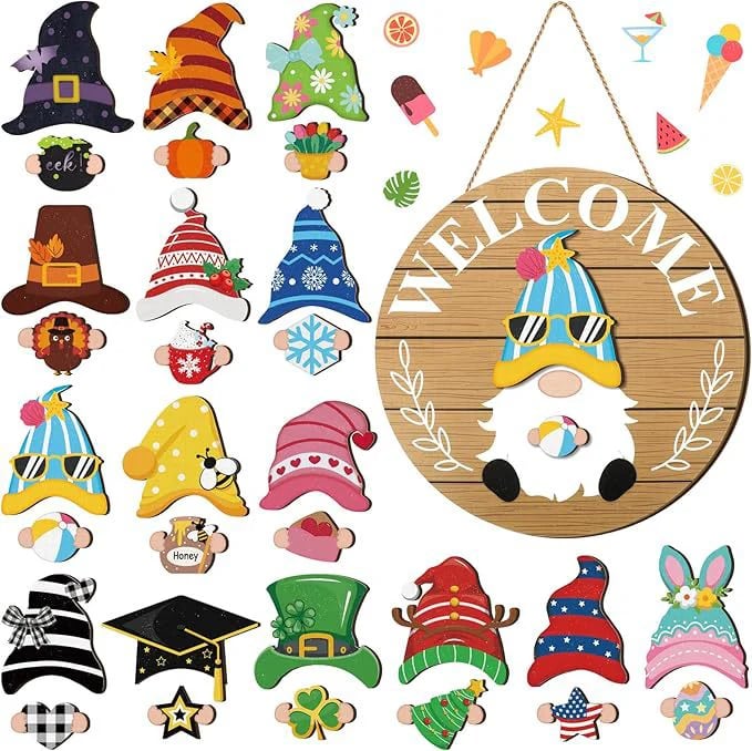 🎁50% OFF🍁Christmas Best Decorations🎄Interchangeable Wooden Gnome Welcome Sign🎅