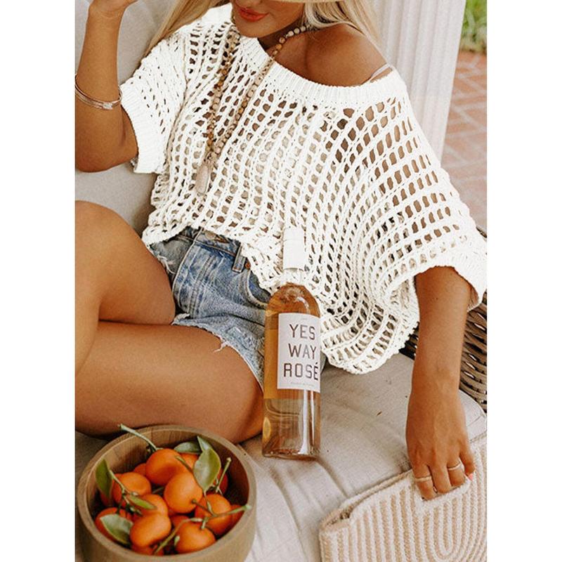 🏖️Women's Summer Scoop Neck ShortSleeve Sweater Casual Crochet Hollow Out KnitTops
