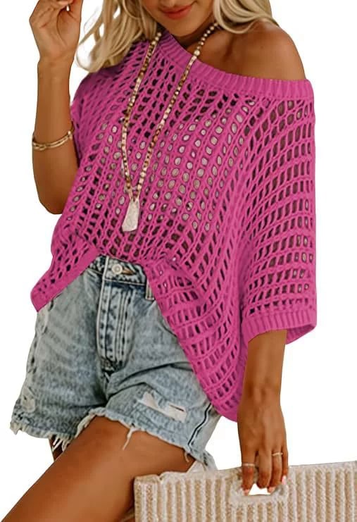 🏖️Women's Summer Scoop Neck ShortSleeve Sweater Casual Crochet Hollow Out KnitTops