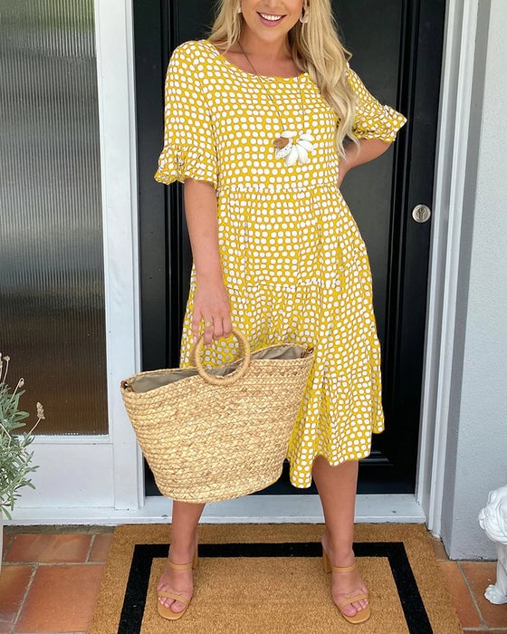 Round Neck Polka Dot Print Midi Dress