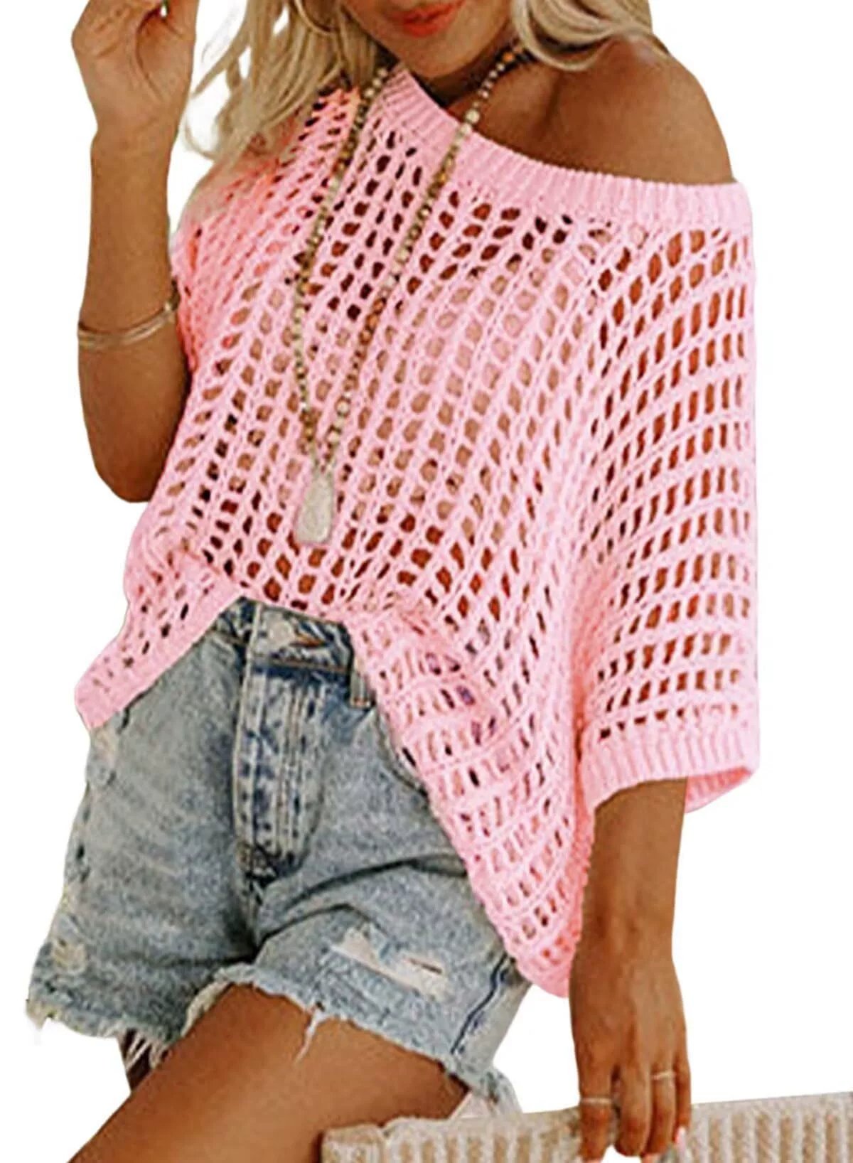 🏖️Women's Summer Scoop Neck ShortSleeve Sweater Casual Crochet Hollow Out KnitTops