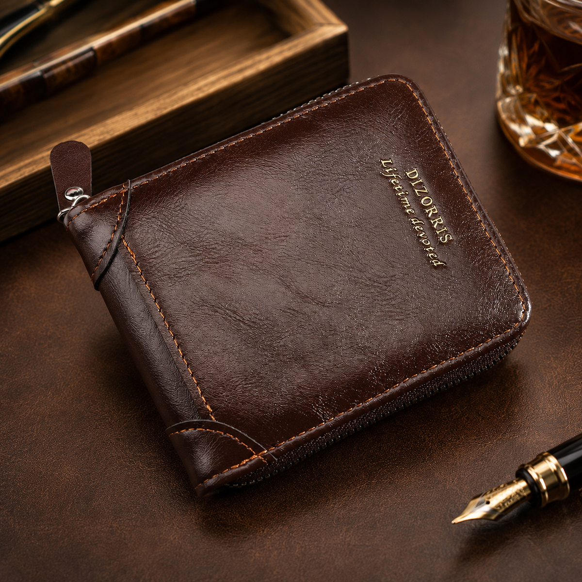 Vintage Men's Short Wallet with Full Zipper Closure and Tri-Fold Design