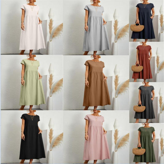 🌸 60% OFF NOW! 🌸Summer Fashion Solid Color Cotton Linen Pocket Dress