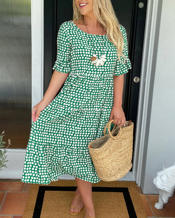 Round Neck Polka Dot Print Midi Dress