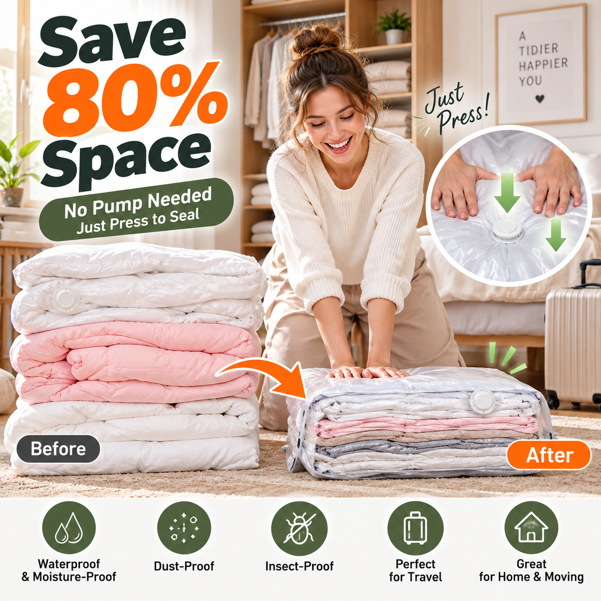 ⏳LAST DAY SALE ONLY !🏆🧳No‑Pump Vacuum Storage Bags – Press & seal, no pump needed. Saves 80% space, keeps clothes dry & dust‑free. Perfect for bulky bedding & off‑season gear. 🛏️🗄️