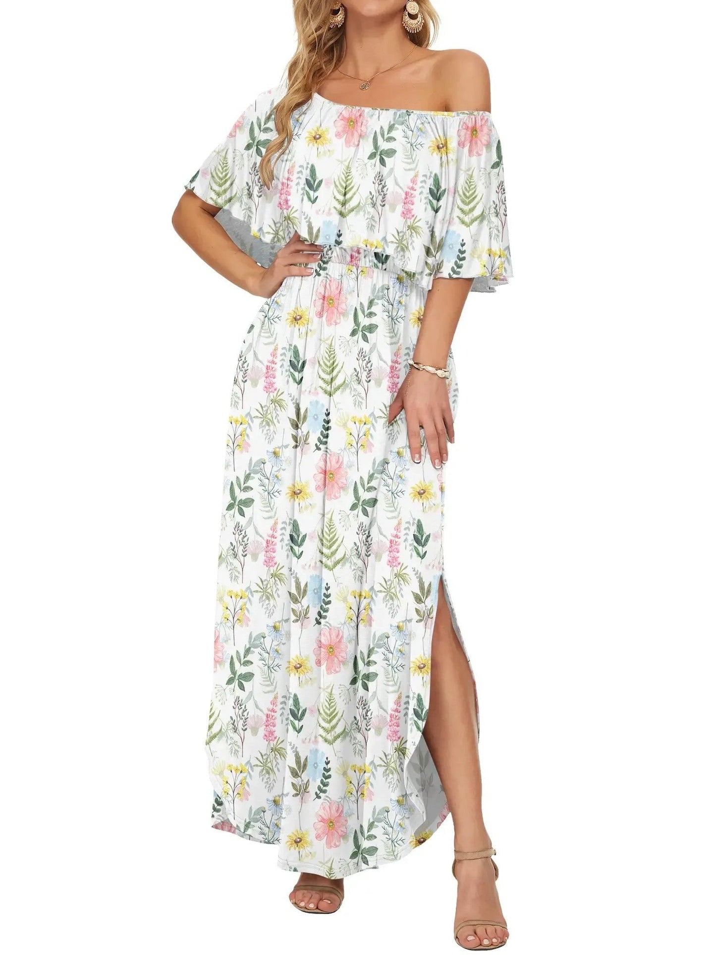 ⏰2026 Summer Hot Sale 50% OFF💃Women's Off-Shoulder Ruffled Side-Slit Maxi Dress with Pockets