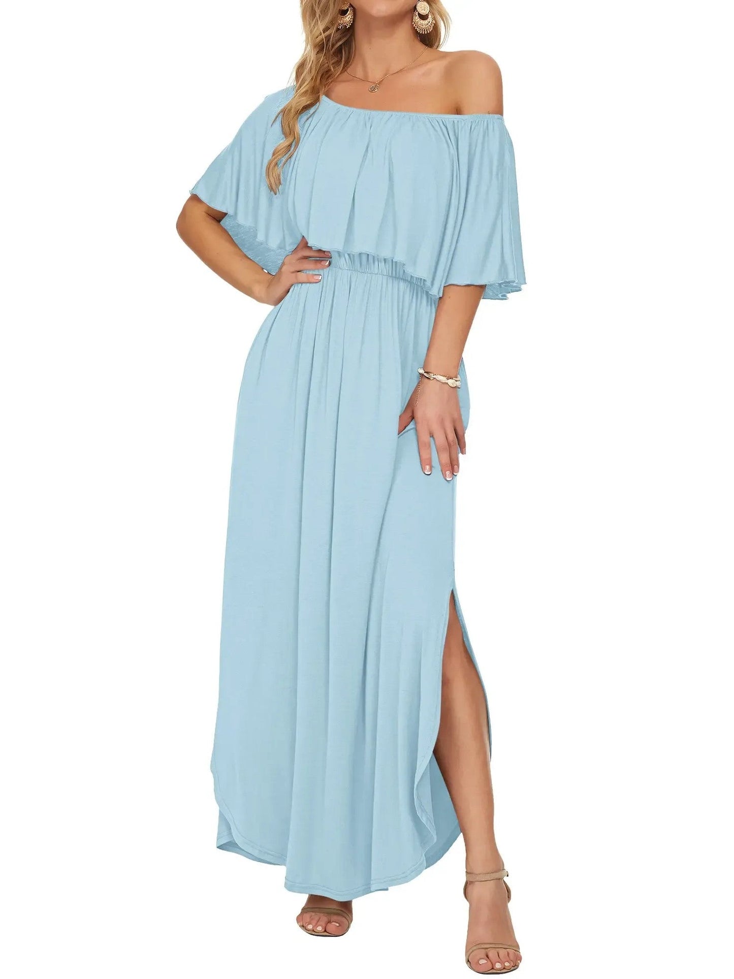 ⏰2026 Summer Hot Sale 50% OFF💃Women's Off-Shoulder Ruffled Side-Slit Maxi Dress with Pockets