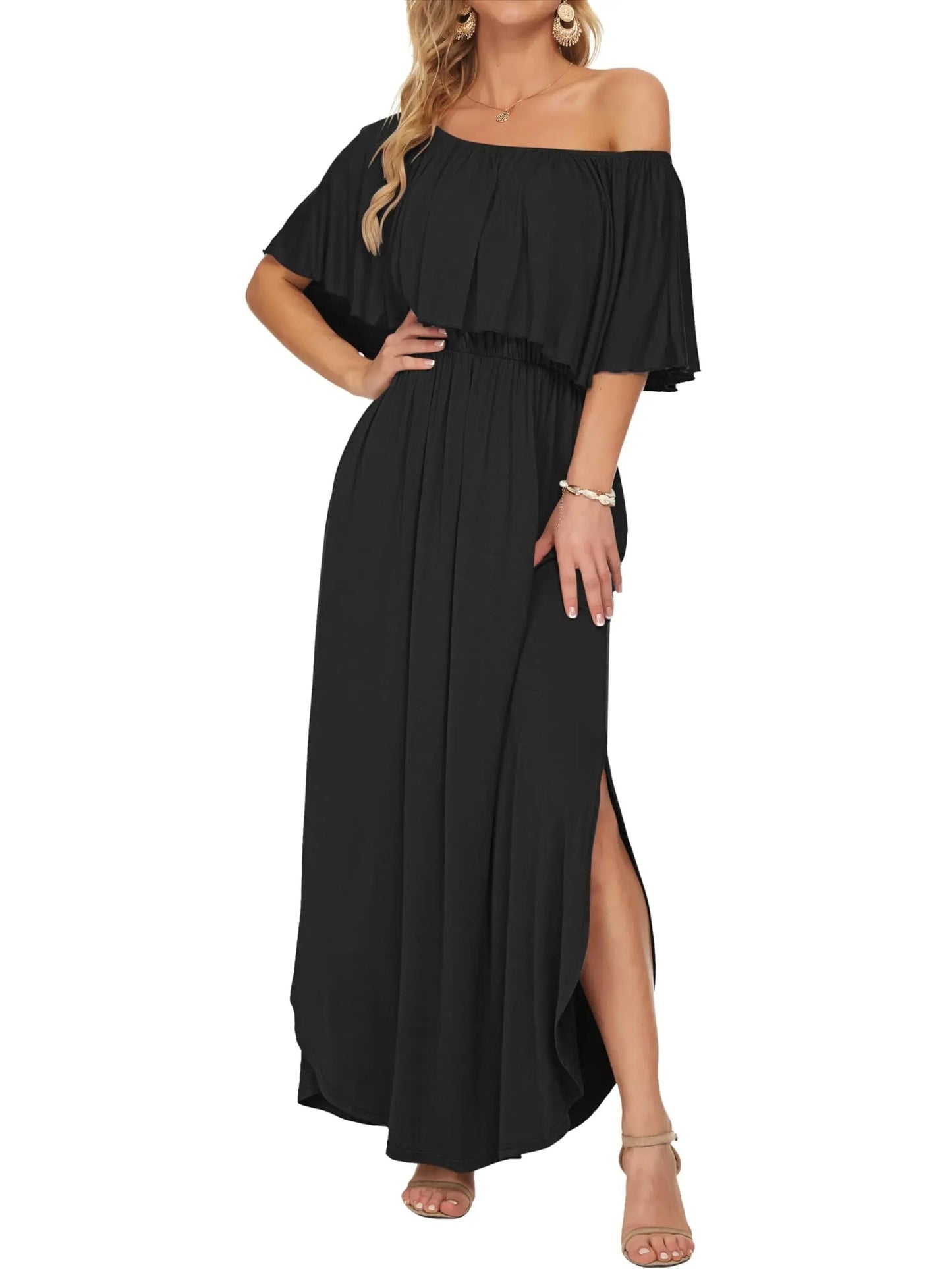 ⏰2026 Summer Hot Sale 50% OFF💃Women's Off-Shoulder Ruffled Side-Slit Maxi Dress with Pockets