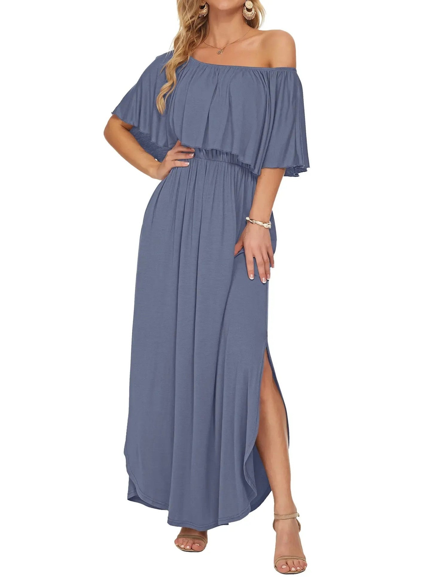 ⏰2026 Summer Hot Sale 50% OFF💃Women's Off-Shoulder Ruffled Side-Slit Maxi Dress with Pockets