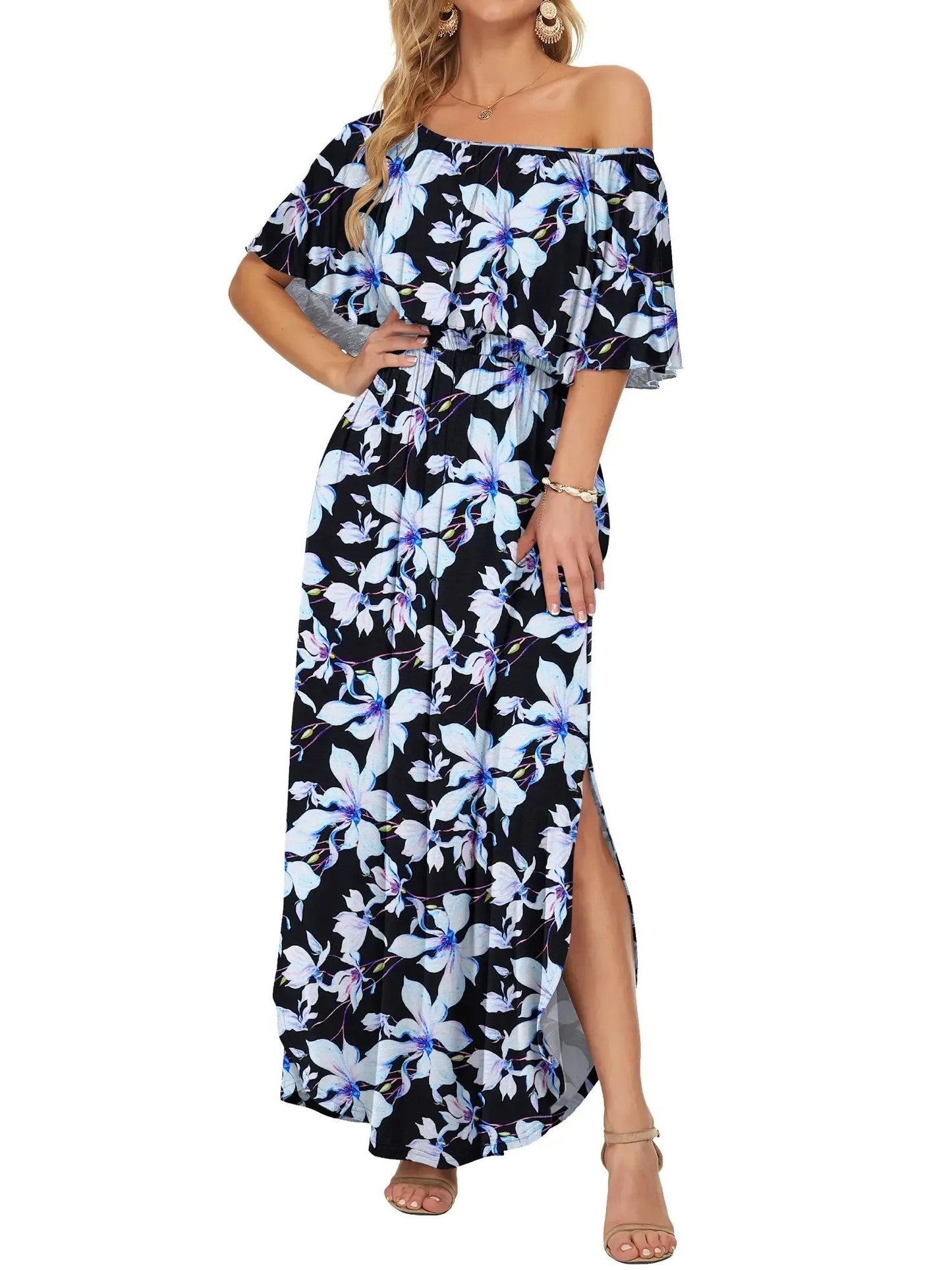 ⏰2026 Summer Hot Sale 50% OFF💃Women's Off-Shoulder Ruffled Side-Slit Maxi Dress with Pockets