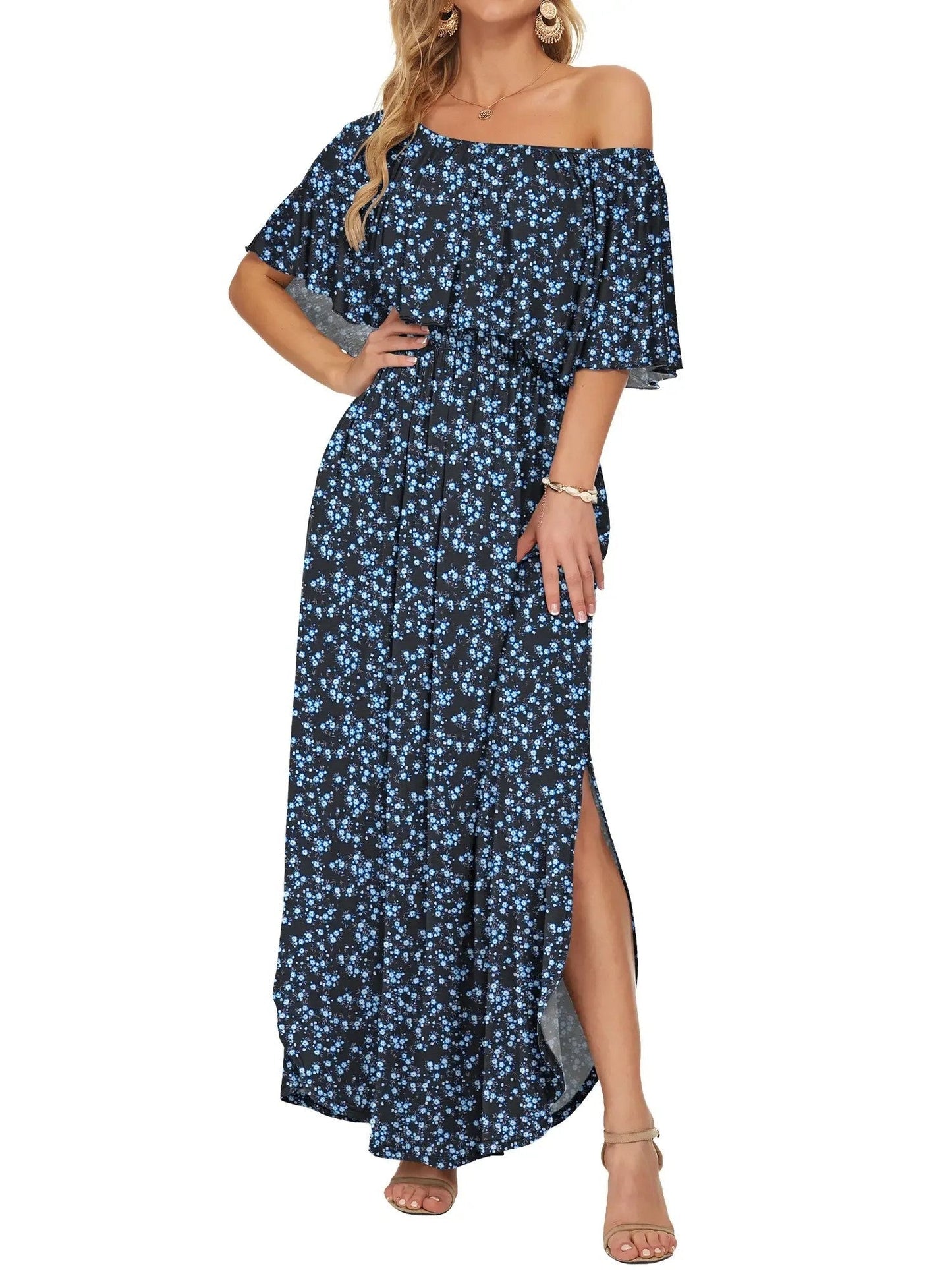 ⏰2026 Summer Hot Sale 50% OFF💃Women's Off-Shoulder Ruffled Side-Slit Maxi Dress with Pockets