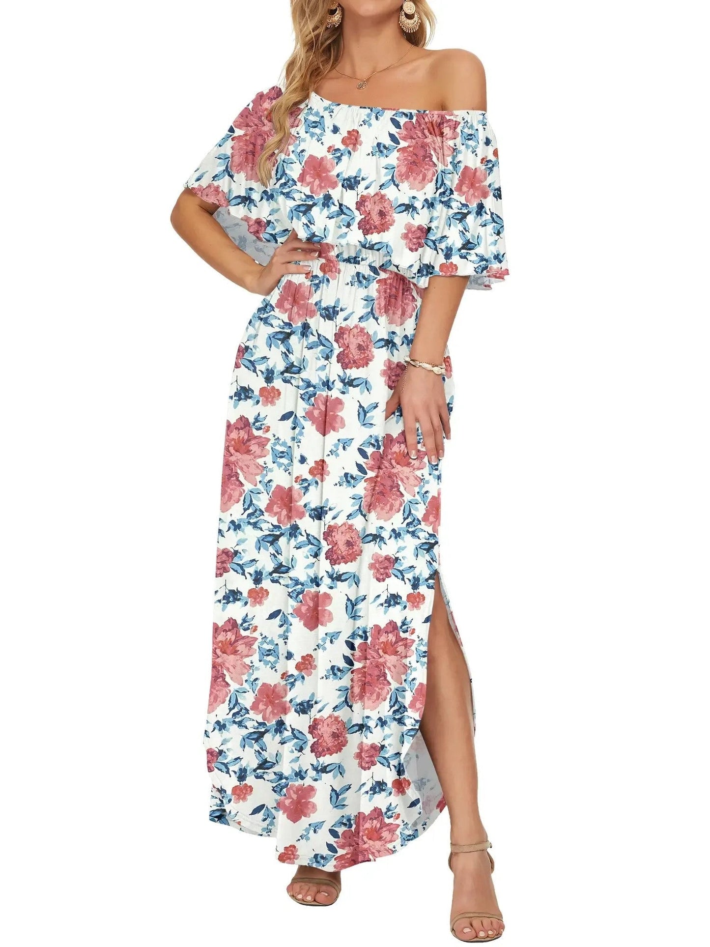 ⏰2026 Summer Hot Sale 50% OFF💃Women's Off-Shoulder Ruffled Side-Slit Maxi Dress with Pockets