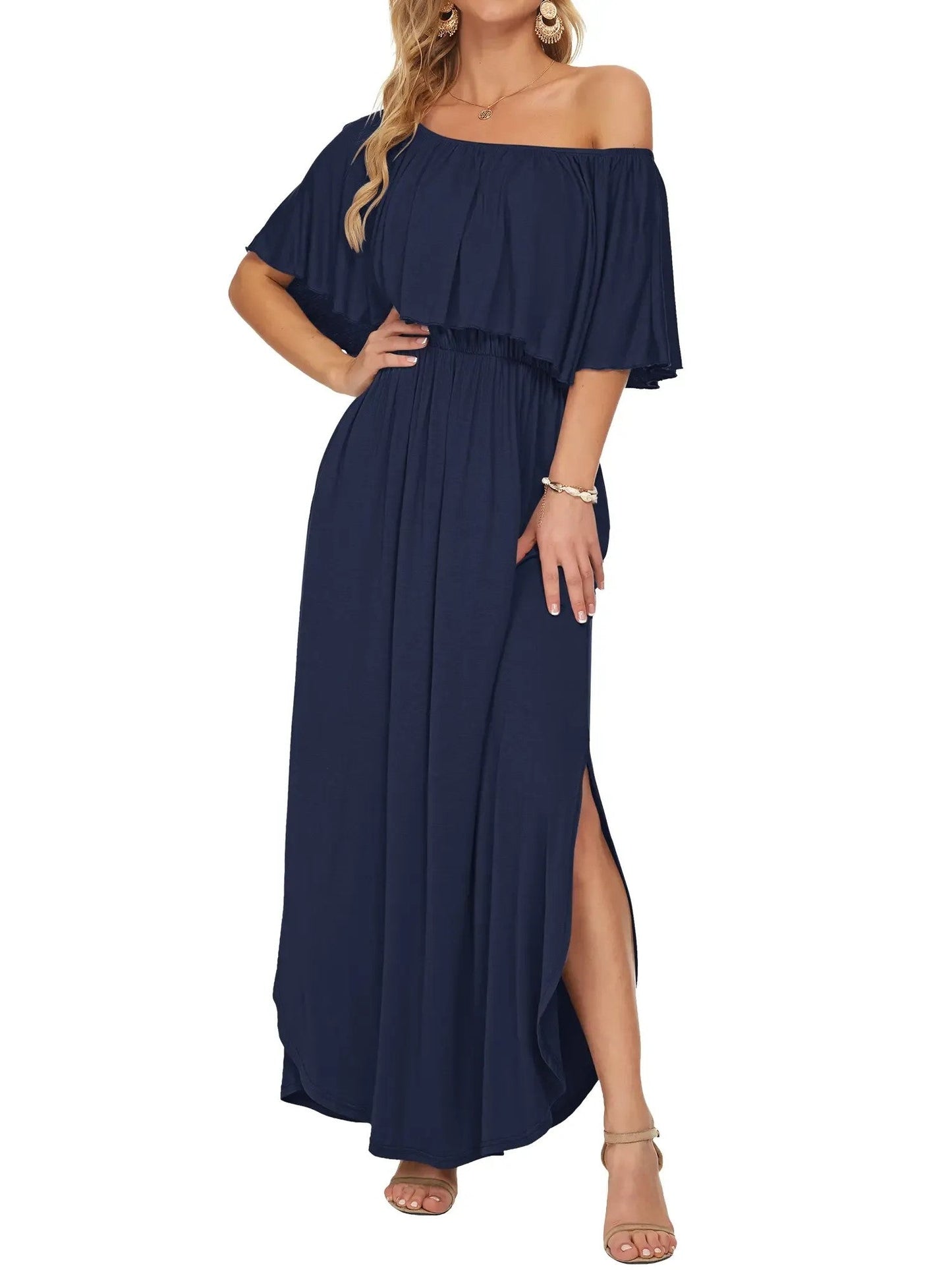 ⏰2026 Summer Hot Sale 50% OFF💃Women's Off-Shoulder Ruffled Side-Slit Maxi Dress with Pockets