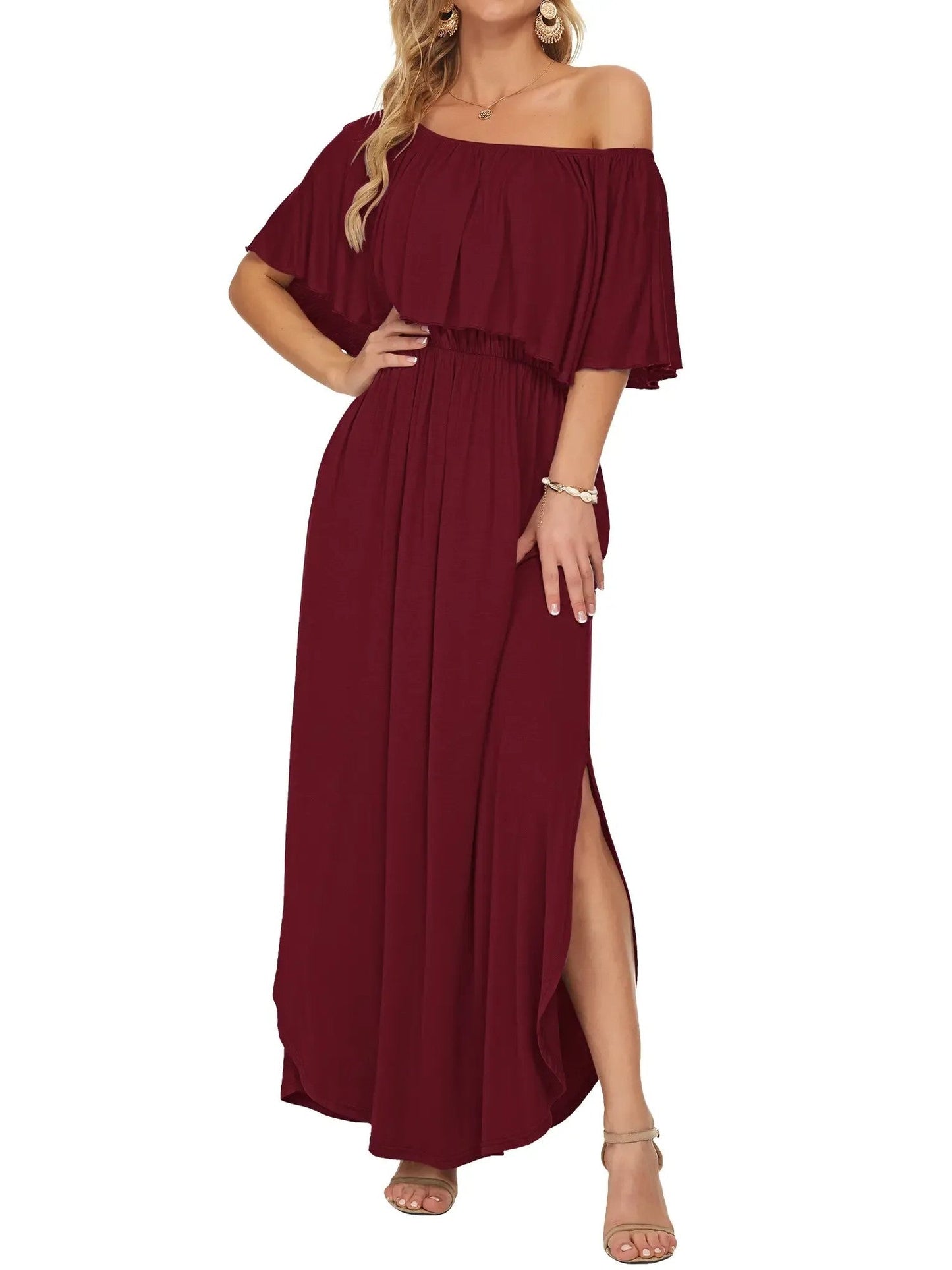 ⏰2026 Summer Hot Sale 50% OFF💃Women's Off-Shoulder Ruffled Side-Slit Maxi Dress with Pockets