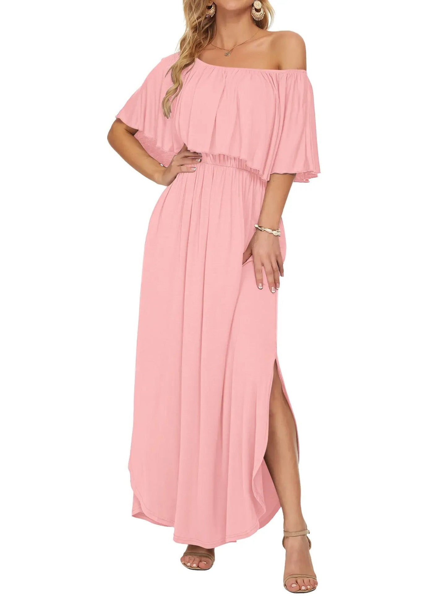⏰2026 Summer Hot Sale 50% OFF💃Women's Off-Shoulder Ruffled Side-Slit Maxi Dress with Pockets