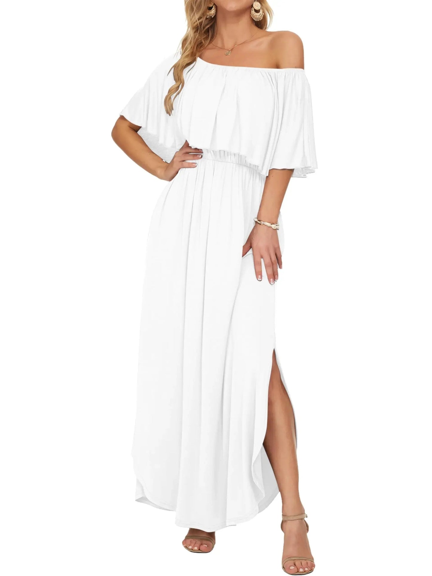 ⏰2026 Summer Hot Sale 50% OFF💃Women's Off-Shoulder Ruffled Side-Slit Maxi Dress with Pockets