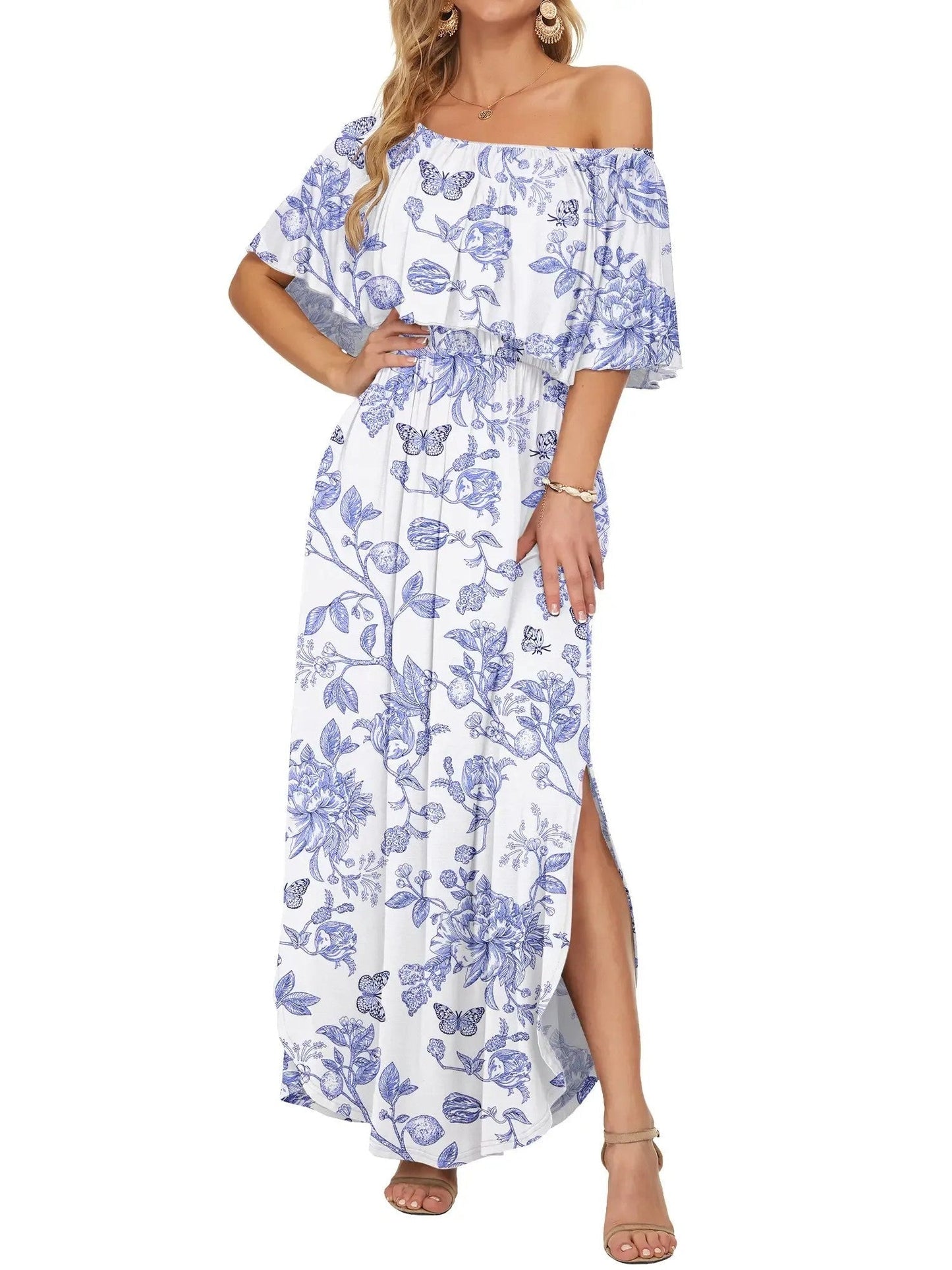 ⏰2026 Summer Hot Sale 50% OFF💃Women's Off-Shoulder Ruffled Side-Slit Maxi Dress with Pockets