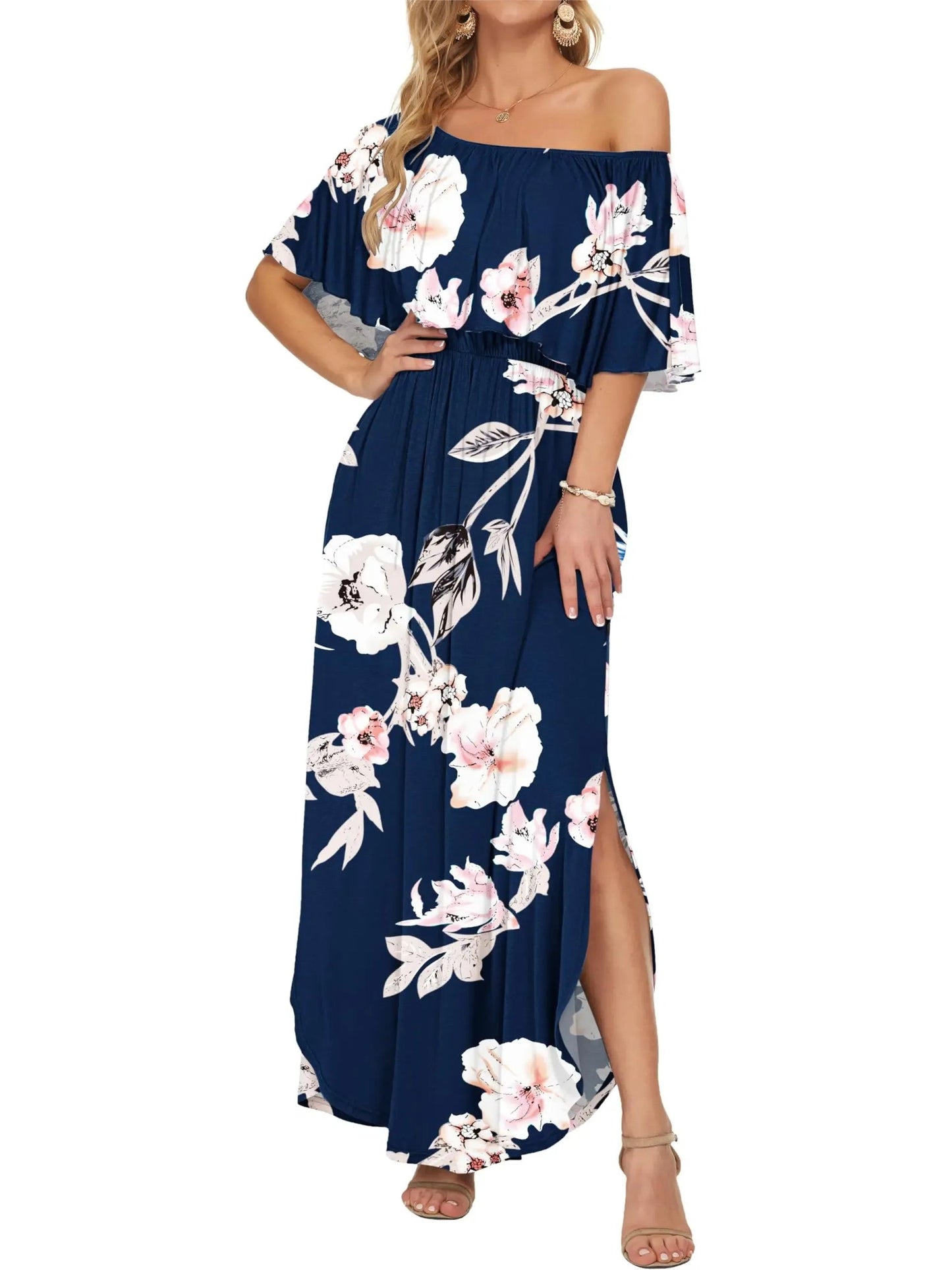 ⏰2026 Summer Hot Sale 50% OFF💃Women's Off-Shoulder Ruffled Side-Slit Maxi Dress with Pockets