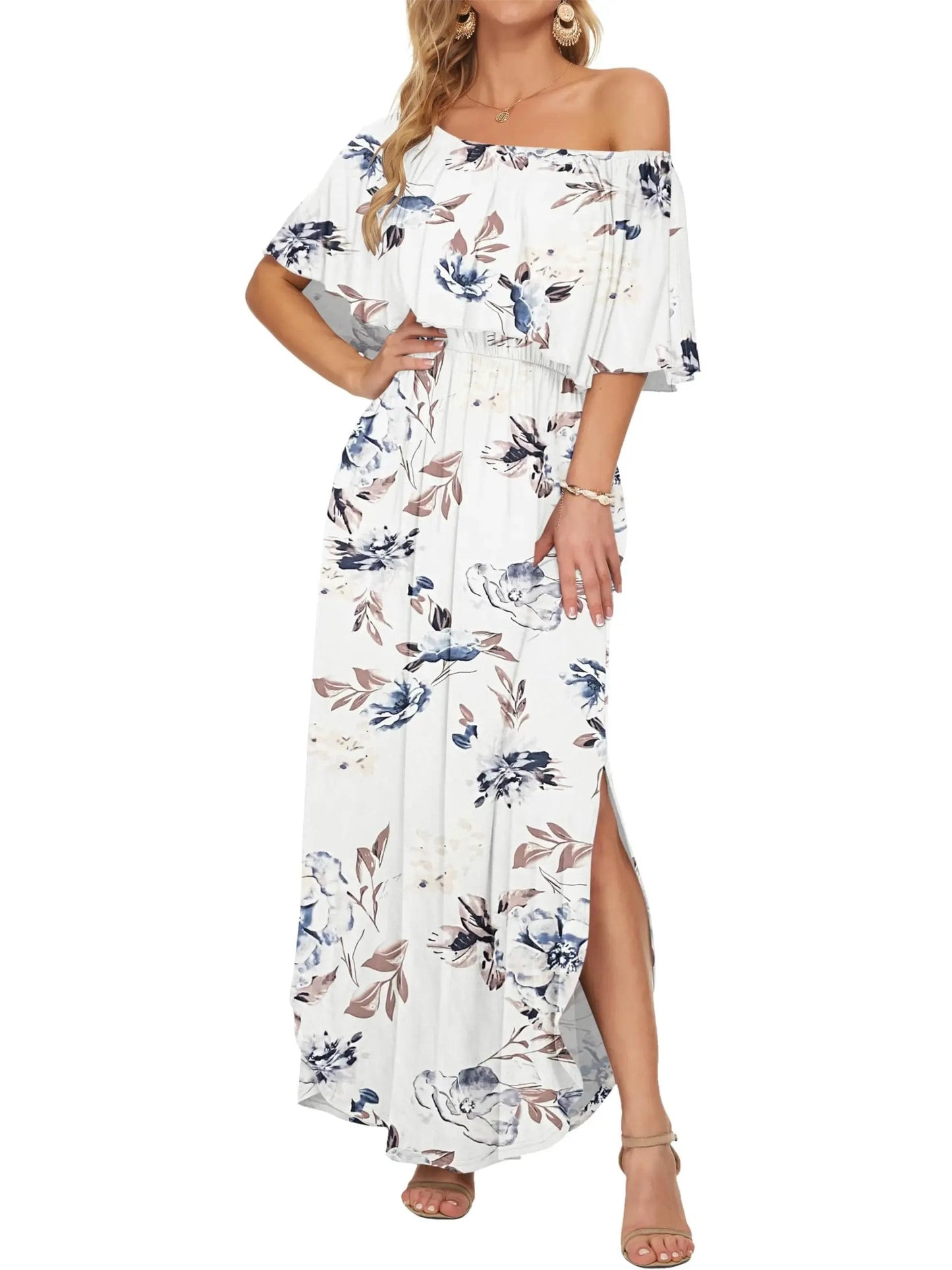 ⏰2026 Summer Hot Sale 50% OFF💃Women's Off-Shoulder Ruffled Side-Slit Maxi Dress with Pockets