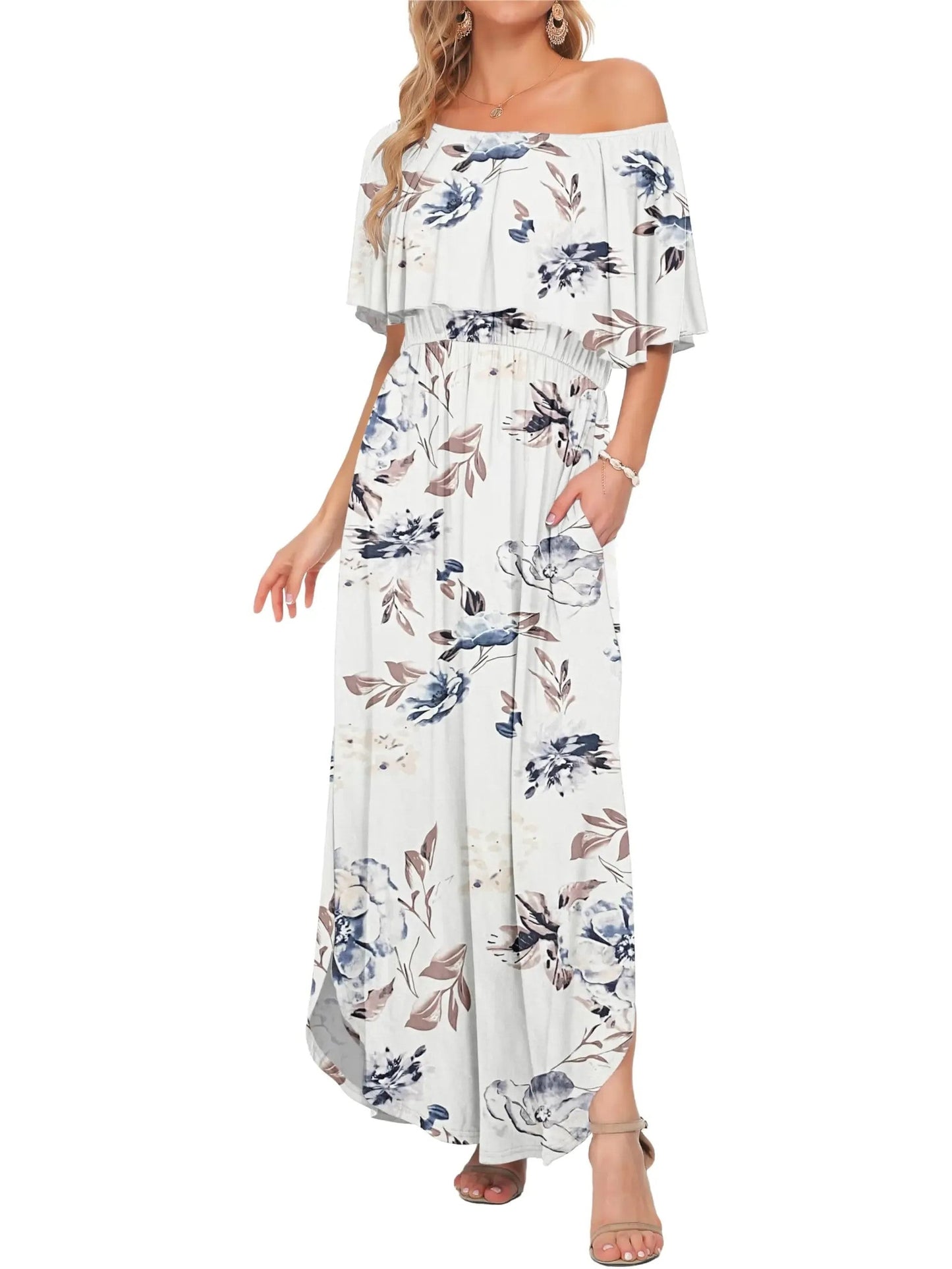 ⏰2026 Summer Hot Sale 50% OFF💃Women's Off-Shoulder Ruffled Side-Slit Maxi Dress with Pockets