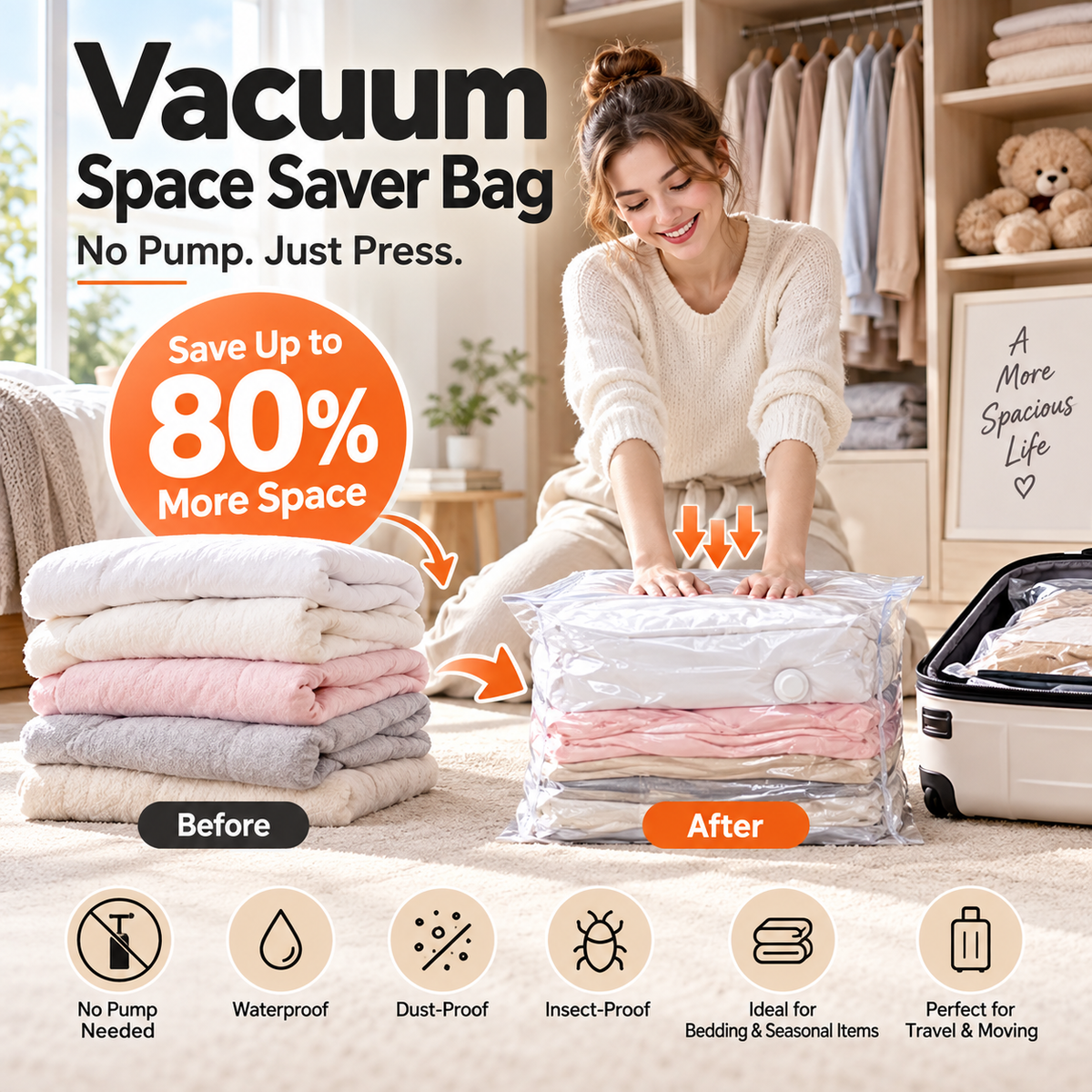 ⏳LAST DAY SALE ONLY !🏆🧳No‑Pump Vacuum Storage Bags – Press & seal, no pump needed. Saves 80% space, keeps clothes dry & dust‑free. Perfect for bulky bedding & off‑season gear. 🛏️🗄️