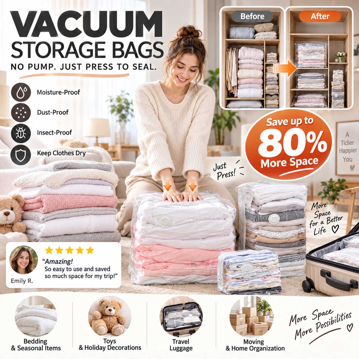 ⏳LAST DAY SALE ONLY !🏆🧳No‑Pump Vacuum Storage Bags – Press & seal, no pump needed. Saves 80% space, keeps clothes dry & dust‑free. Perfect for bulky bedding & off‑season gear. 🛏️🗄️