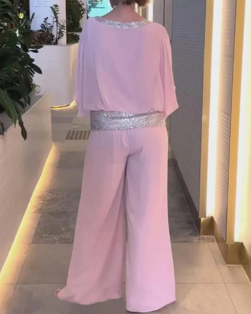 Chic & Elegant Sequin Color Block Two-Piece Set - Stylish Outfit with Pockets