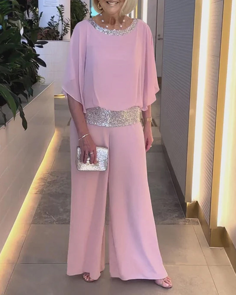 Chic & Elegant Sequin Color Block Two-Piece Set - Stylish Outfit with Pockets