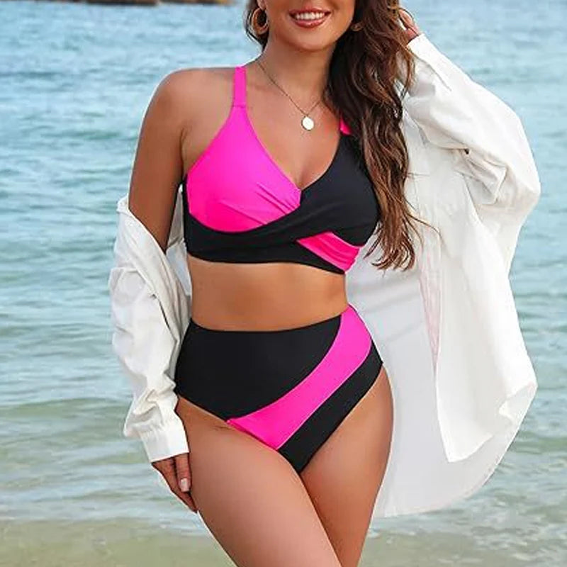 Women's Color-Block Criss Cross Lace Back Swimwear Set