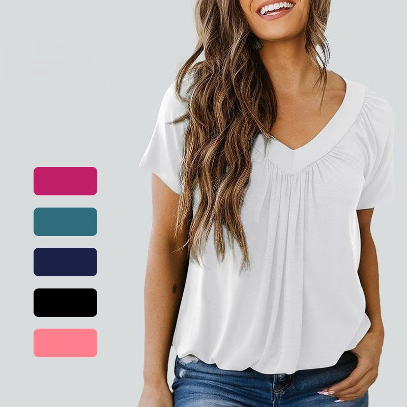 🎁LAST DAY SALE £10.99🔥Summer Hot Sale 50% OFF⏳Women's Casual Pleated V-Neck Short-Sleeve Top