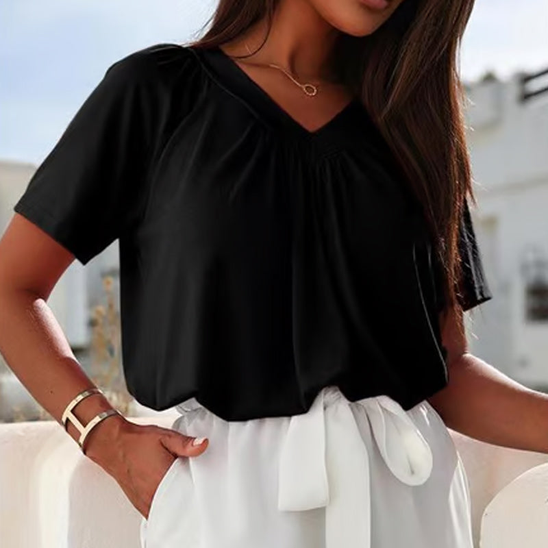 🎁LAST DAY SALE £10.99🔥Summer Hot Sale 50% OFF⏳Women's Casual Pleated V-Neck Short-Sleeve Top