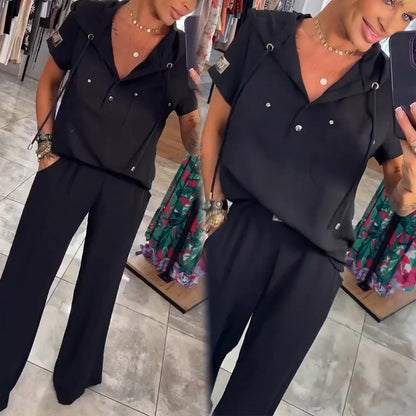 💃🌸Hooded V-Neck Short-Sleeve Tops ＆ Pants Two-Piece Set