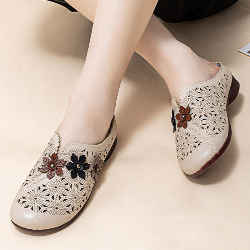Women's Elegant PU Leather Slide Sandals with Floral Design