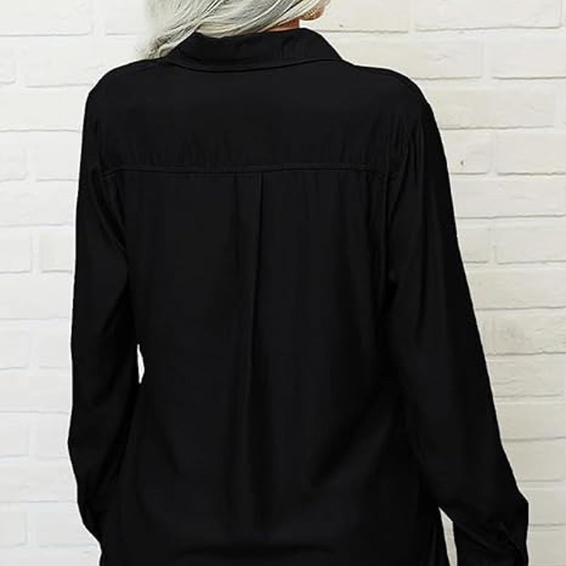 👔 LIMITED-TIME 50% OFF! 💥 Women's Solid Lapel Long Sleeve Button-Down Shirt – V-Neck, Chest Pockets, Loose Fit ✨
