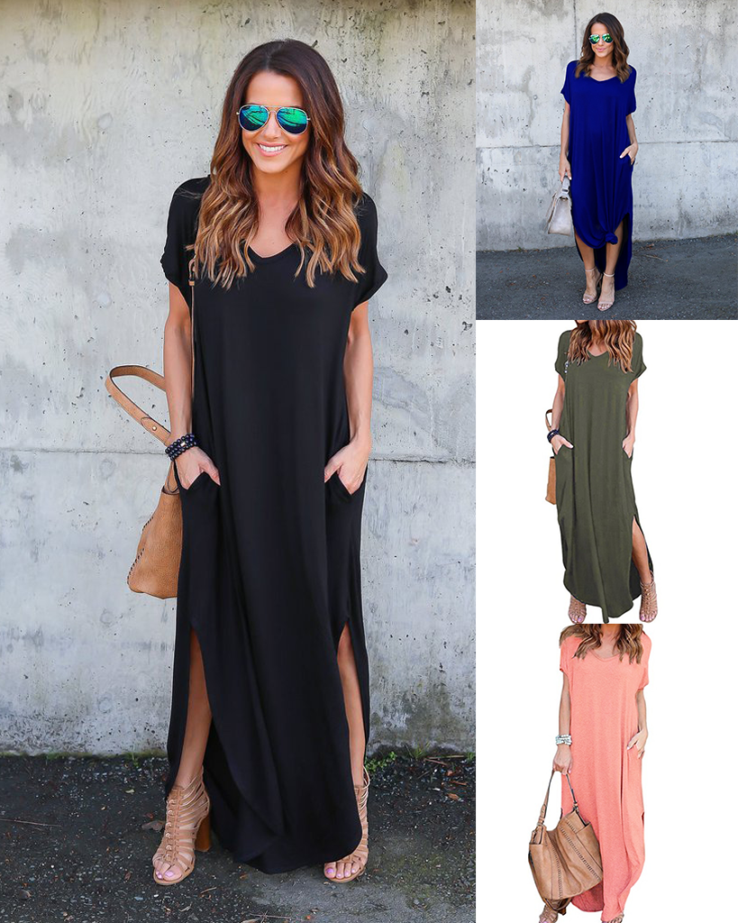 Summer Casual Maxi Dresses for Women- Women's V Neck Cap Sleeve Long Sundress with Pockets Beach Vacation