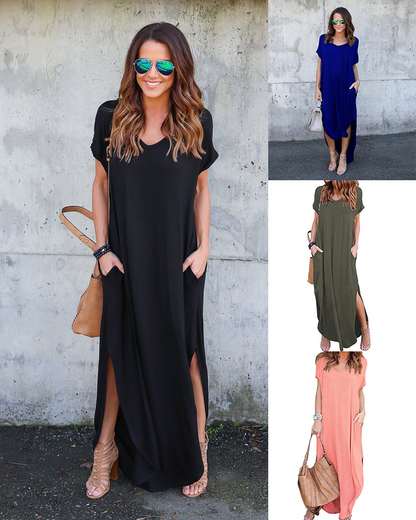 Summer Casual Maxi Dresses for Women- Women's V Neck Cap Sleeve Long Sundress with Pockets Beach Vacation