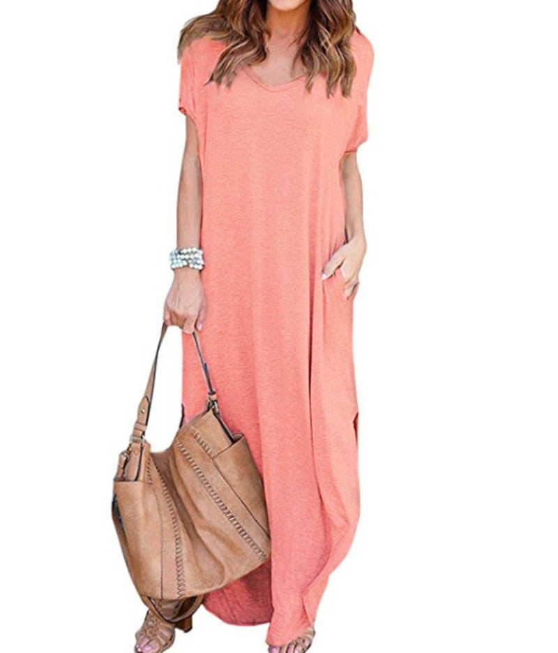 Summer Casual Maxi Dresses for Women- Women's V Neck Cap Sleeve Long Sundress with Pockets Beach Vacation